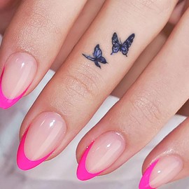 Press on Nails Medium Almond MABKJLF Hot Pink French Tip Fake Nails Pink Full Cover False Nails with Designs Glossy False Nails with Nail Glue Artificial Acrylic Nails for Women Girls 24 Pcs