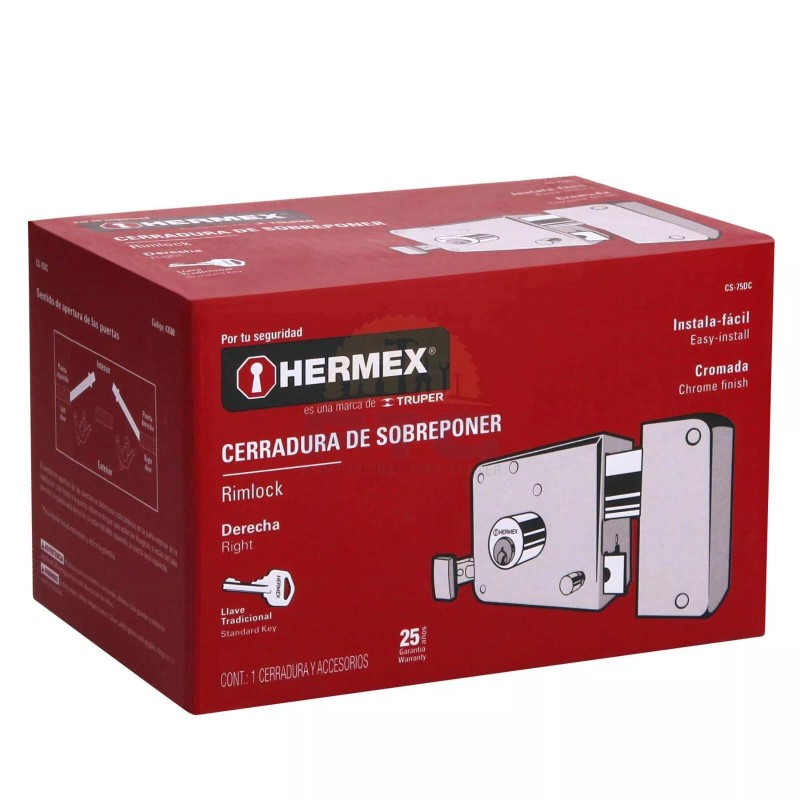 Hermex CS-75DC Rim lock for easy installation, chrome, traditional