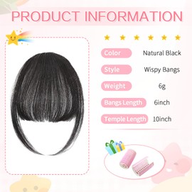 Cesomeey Clip in Bangs 100% Real Human Hair, Wispy Bangs Hair Clip, Hair Bangs Clip in Human Hair, Fake Bangs Fringe with Temples Hairpieces, Clip on Bangs for Women Daily (Natural Black, Wispy Bangs)
