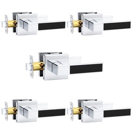 Probrico Heavy Duty Square Door Handle with Black Leather Hand Lever, Keyless Passage Interior Door Levers for Hallway or Closet, Polished Chrome, 5 Pack