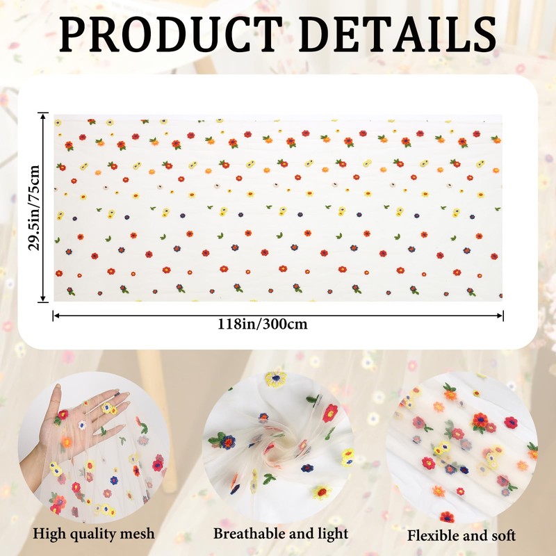 Dremisland Champagne Embroidery Daisy Gauze Table Runner Autumn Decor 120