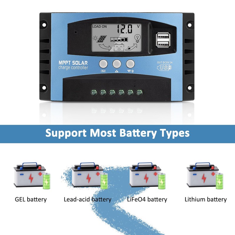 100A MPPT Solar Panel Charging Controller, 12V/24V Auto Solar Battery