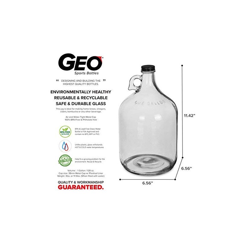 Geo Sports Bottles One Gallon Glass Water Bottle Jug with