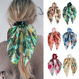 Girlssory Hair Scarf Hair Scrunchies with Ribbon Chiffon Floral Hair Scarves Boho Elastic Floral Bow Ponytail Vintage Accessories for Women (Champagne)