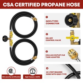 GasXpert 5ft Propane 2 Way Y Splitter Adapter Hose,1 lb to 20 lb Converter with Shut Off Valve, Propane Adapter 1lb Portable Appliance to QCC1/Type1 5-40lb Tank,350PSI for Heater,Camping Stove,Grill