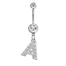 Initial Dangle Belly Button Rings | Embellished with CZ Crystals in Silver Letters A to Z | Ideal for Navel Piercings Belly Piercings - Initial A - BB-001
