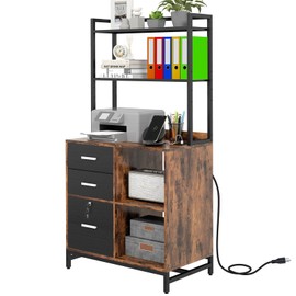 Livofloral File Cabinet with Charging Station, 3 Drawer Filing Cabinet with Bookshelf, Large Printer Stand with Open Storage Shelves for Home Office, Locking File Cabinets Fits Letter/A4 Size, Brown