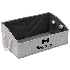 Geyecete Large Dog Toys Storage Bins - Foldable Fabric Trapezoid Organizer Boxes with Cotton Handle, Collapsible Basket for Shelves(Striped Gray-DOG)