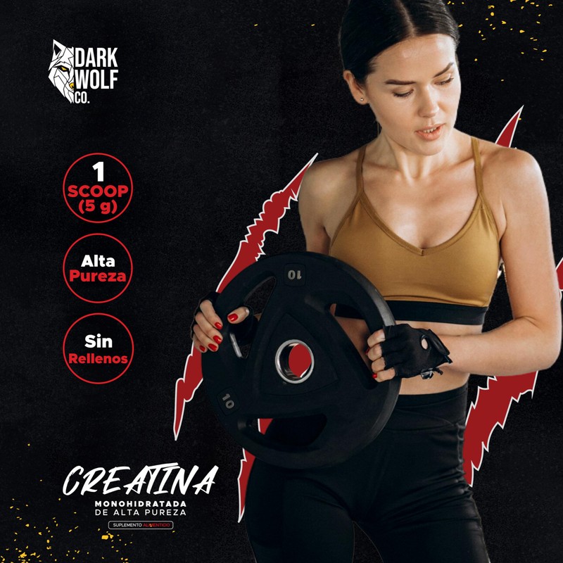 Creatina Monohidratada Dark Wolf, Alta Pureza, 100% Natural, Sin OGM,