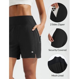 baleaf Women's Swim Shorts High Waisted Quick Dry 5'' Modest Swimsuits Bottoms Tummy Control Boxer Liner Board Shorts 2025 with Zipper Pockets Black M