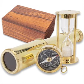 Compass, Telescope, and Minute Timer Set | Includes Wooden Storage & Display Box | Nautical Home Decor Brass Construction | Box Dimensions 6" x 4"