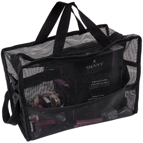 SHANY Collapsible Mesh Bag – Large See-Thru Travel Tote with Shoulder Straps – Water-Resistant with Zippered Pockets – Black