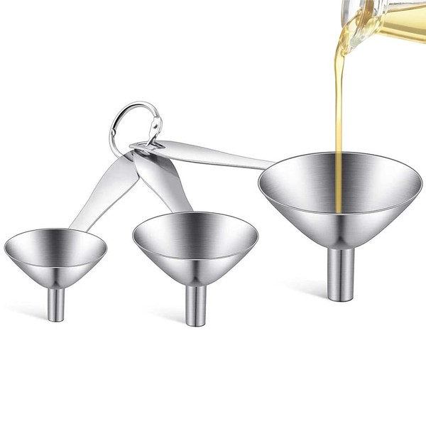 3 Pieces Kitchen Funnel, Hip Flask Funnel Stainless Steel Small Funnel Set, Metal Funnel with Long Handle for Transferring Liquid Oil Powder Filling Bottles
