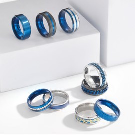 SOXEMAN 9 pieces/set men's golden/silver ring set (2 of which chain rotating rings relieve anxiety and stress) trendy and fashionable women's couple stainless steel rings