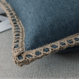 Set of 2 Farmhouse Throw Pillow Covers - Burlap Linen Trimmed Tailored Edges Decorative Cushion Covers for Bed Home Outdoor Decoration (2 Pieces, 26" x26", Dark Blue 3/ Linen Band)