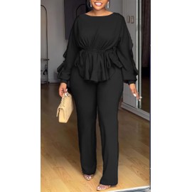 HWP Women 2 Piece Outfits Sets Ruffle Long Sleeve Peplum Top Flared Pants Business Pantsuits Casual Vacation Club Jumpsuit Black L