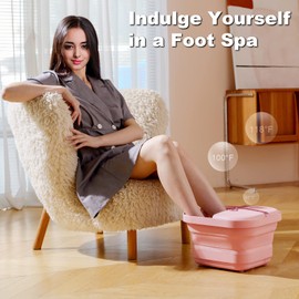 VIVIYA Collapsible Foot Bath Spa with heat and Massage Rollers, Foldable Foot Soak Tub with Bubbles Jets and LED light, Pedicure Foot Spa Massager with Foot Scrubber for Home Use (Pink)