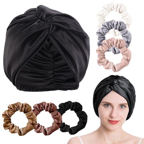 VEGCOO Double Layer Silk Hood for Sleeping, Cross Twist Hat Black Shower Cap + 6 Colon Hair Bobbles Satin Dark Colour Suitable for Washing Make-Up and Sports (Black)