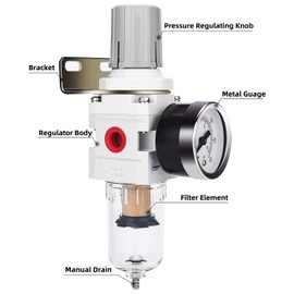 NANPU 1/4" NPT Compressed Air Filter Regulator Combo Piggyback, 5 Micron Brass Element, Poly Bowl, Semi-Auto Drain, Metal Bracket, 0-150 psi Gauge