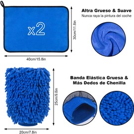DASKING Kit Limpieza Coche, Guante y Toallas de Microfibra Premium de Lavado Coche, 2PCS Toallas (30 * 40cm) y 1PC Guante para la Limpieza de vehículo, Juego de Limpieza para Automóviles, Azul
