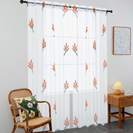 Karseteli Floral Sheer Curtains Embroidered Lavender Patterned Semi-Sheer Curtain 63 Inches Long 2 Panels Rod Pocket Spring Voile Drapes for Living Room, Bedroom(W52 x L63 Inch, White&Burnt Orange)