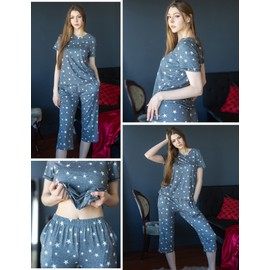 Ekouaer 2 Pack Pajamas for Women Set Short Sleeve 2 Piece Pjs V Neck Tops & Capri Pants Lounge Sets with Pockets S-3XL