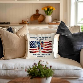 QIONG MENG 4th of July Pillow Covers 18x18 Inch Religious American Flag Cross Flower Patriotic Pillowcase Independence Memorial Day Cushion Case for Home Sofa Farmhouse Christian Decorations