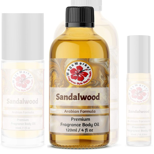 WagsMarket -Sandalwood Perfume Oil, Choose from 0.33oz Roll On to 4oz Glass Bottle (4oz Glass Bottle)