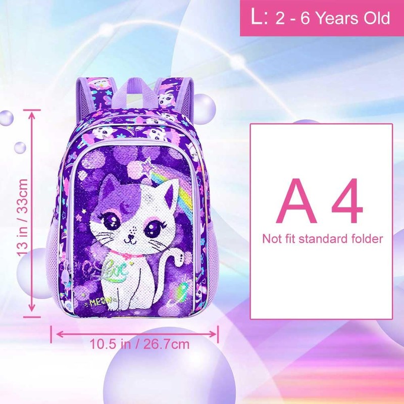 Girls Toddler Cat Backpack, Water Resistant Sequins Kindergarten Bookbag, 13"