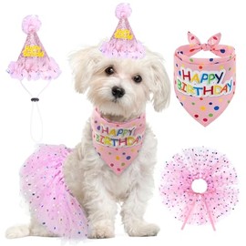 SCENEREAL Bandana de cumpleaños para perro con sombrero y vestido para niña, suministros de fiesta de cumpleaños para cachorros, linda falda tutú rosa para perros pequeños, medianos y grandes
