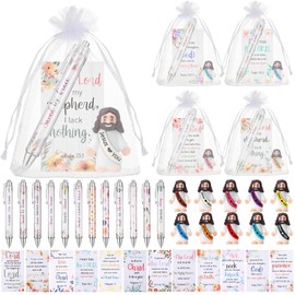 Cinnvoice 12 Set Little Jesus Figures and Bible Verse Pens Christian Bulk Gifts for Women Men Easter Gifts Prayer Cards Organza Bags Religious Party Favors Sunday School Easter Egg Stuffers