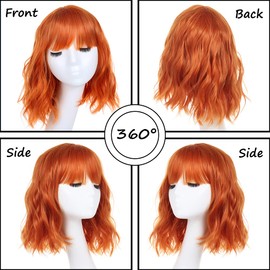 Leeven Short Bob Wigs with Bangs for Women Orange Curly Wavy Wig Loose Wavy Shoulder Length Synthetic Cosplay Wig for Girl Colorful Wigs 12 Inch