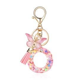 QUKE Fashion Alphabet Initial Letter Keychain Pink Tassel Butterfly Pendant Key Ring for Purse Schoolbags Women Girl - O