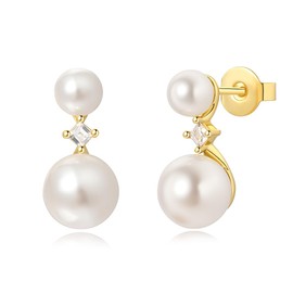 Pearl Stud Earrings for Women, 14K Gold Plated Hypoallergenic Dainty Princess Cut Cubic Zirconia Shell Pearl Earrings, Sterling Silver Ear Posts, Jewelry Gift for Her