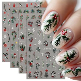 Christmas Nail Art Stickers Winter Nail Decals Snowflake Nail Stickers for Nail Art Cedar Green Red Christmas Tree Design 3D Self Adhesive Nail Sticker for Women Decor Holiday Accessories 4 Sheets