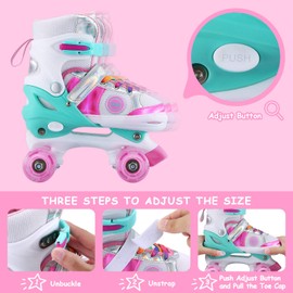 Kids Adjustable Roller Skates for Girls Boys Beginner, 4 Size Adjustable Roller Skates with Light Up Wheels and Colorful Shoelaces (Colorful Pink, Small(12J-2))
