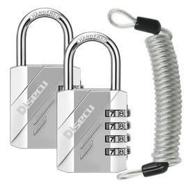 Disecu 4 Digit Combination Lock Outdoor Waterproof Padlock with Steel Cable for Gym Locker, Sports Locker, Helmet, Gate, Fence, Luggage, Bike (Silver, Pack of 2 Padlocks)