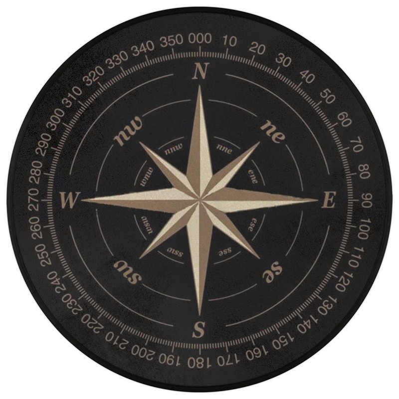 Compass Rose Round Area Rug, Artwork Black Non-Slip Circle Rug