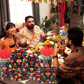 Mexican Party Decorations, 144Pcs Fiesta Plates and Napkins, Mexican Fiesta Decor Tableware Set include Plates, Napkins, Cups for Cinco de Mayo Party Decorations Supplies, Serve 24