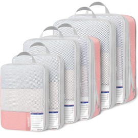 Prezon 6 Set Compression Packing Cubes, Extensible Suitcase Organiser, Packing Organisers for Suitcases, Packing Cubes for Travel or Home Storage（6Set-EVA-Pink）