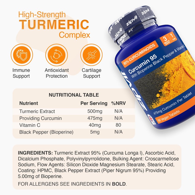 Zipvit Curcumin 95 with Bioperine, Turmeric Curcumin Supplement with 95%