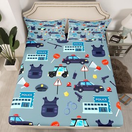 Cartoon Police Cars Kid Sheet Queen Size,American Police Office Policeman Bedding Set,Girls Boys Men Room Decor,Western Police Theme Blue Fashion Bed Sheet Set 4pcs(Fitted + Flat + 2 Pillowcases)