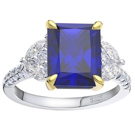 Created Blue Sapphire Rings for Women Sterling Silver 14k Gold Accents 3.5 Ct Blue Gemstone Engagement or Bridal for Women | September Birthstone Ring by Ginger Lyne | Faux Simulated Diamond
