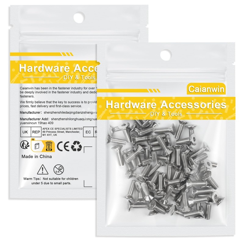 Caianwin 100Pcs M5*10mm Hex Countersunk Bolts DIN7991 Machine Screws 304