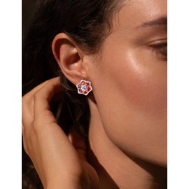 RANDES Red Flower Earrings for Women Trendy White Gold Sterling Silver Birthstone Earring Studs Large Statement Six Leaf Clover Garnet Earrings