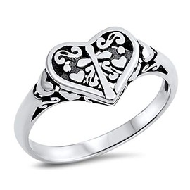 Filigree Heart Cross Oxidized Purity Ring .925 Sterling Silver Band Size 6