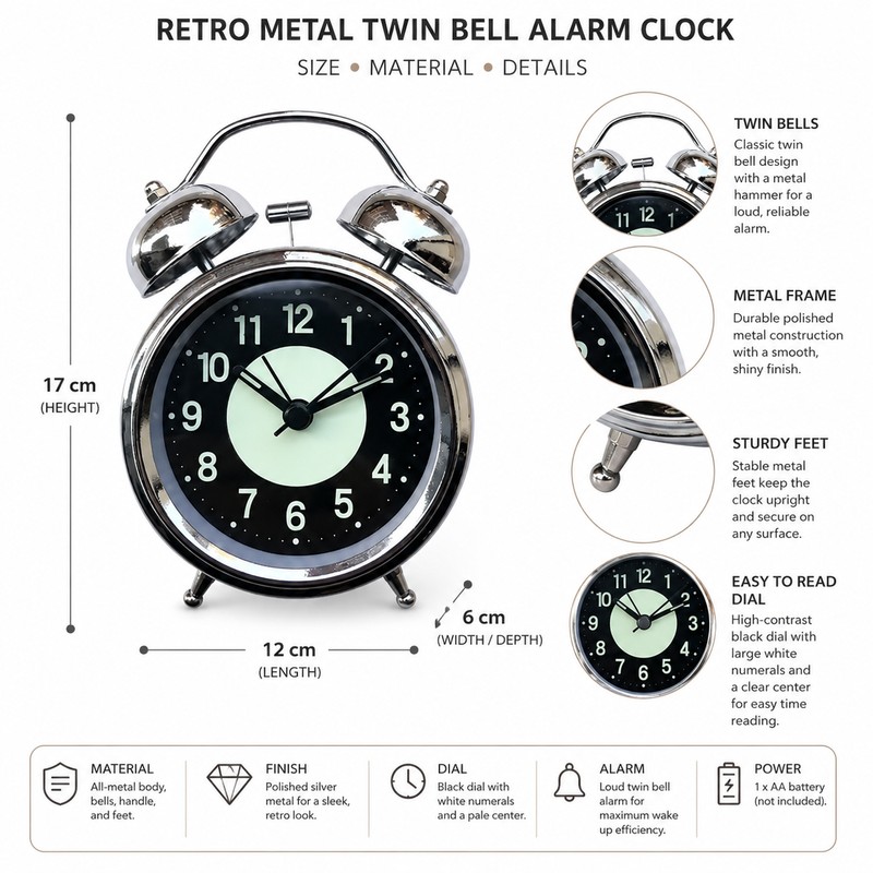 Twin Bell Alarm Clock for Heavy Sleepers – Retro Metal