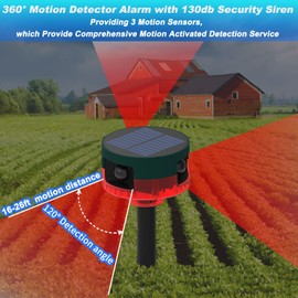 Solar Outdoor Motion Sensor Alarm, 13 Sounds & 360° Motion Detector Alarm Support Recording, 130db Loud Maker Dual Modes Strobe Light with Remote for Home and Farm