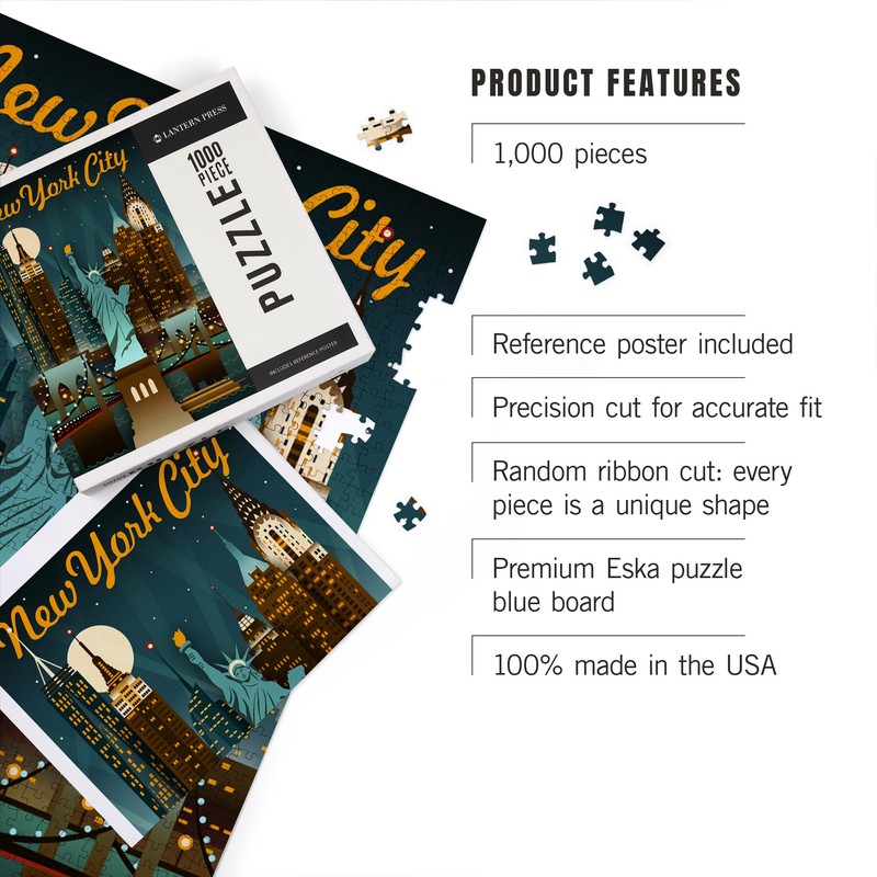 "Lantern Press New York, Retro Skyline, 1000 Piece Jigsaw Puzzle