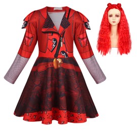 Berich Red Costume Descendants with Bun Wig Descendants Fancy Dress Princess Dress up Kids World Book Day Costumes for Girls Theme Party Outfit Rise of Red Descendants Costume 10-12 Years(Red,150)